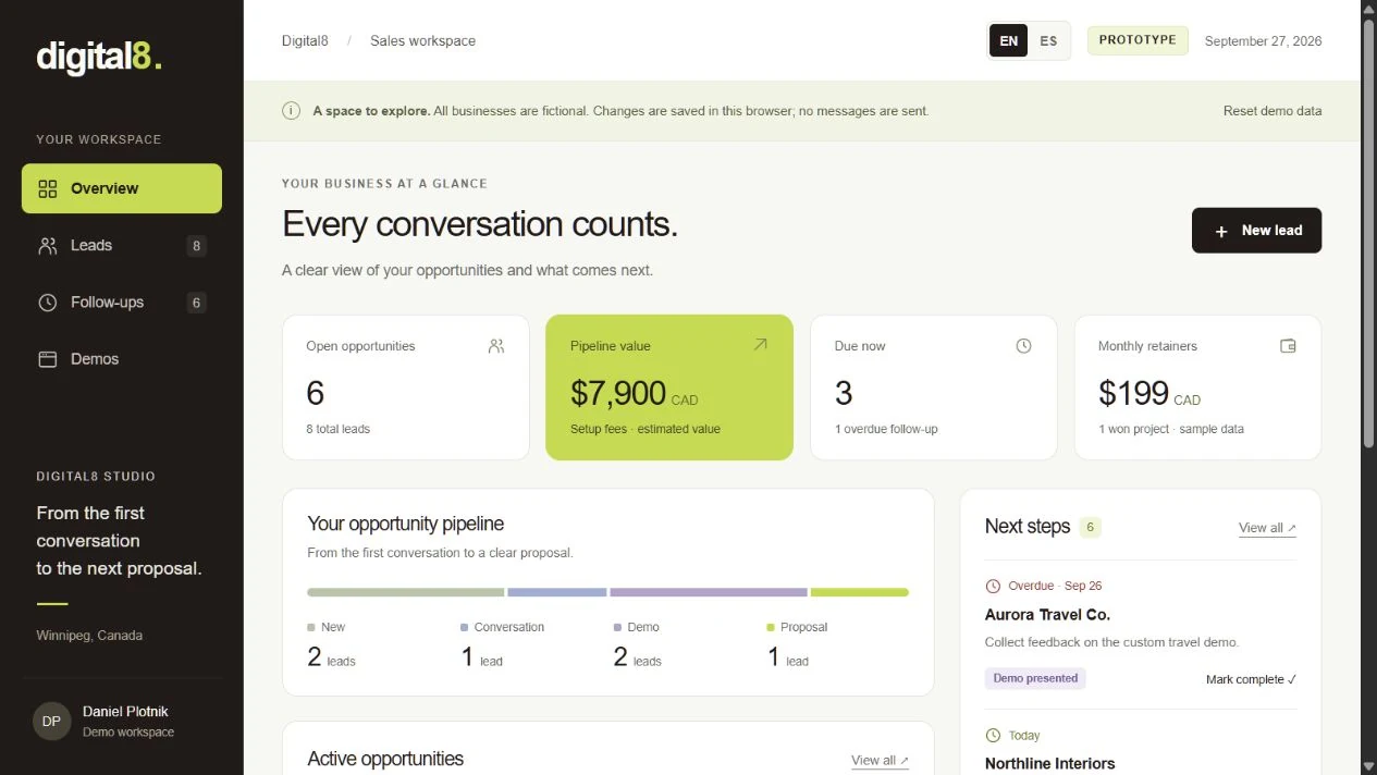 Digital8 CRM demonstration with fictional leads, sales stages and next actions