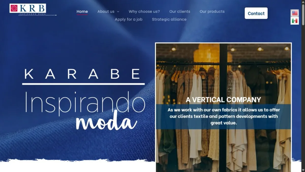 Karabe’s bilingual website, showing the fashion brand and its manufacturing expertise