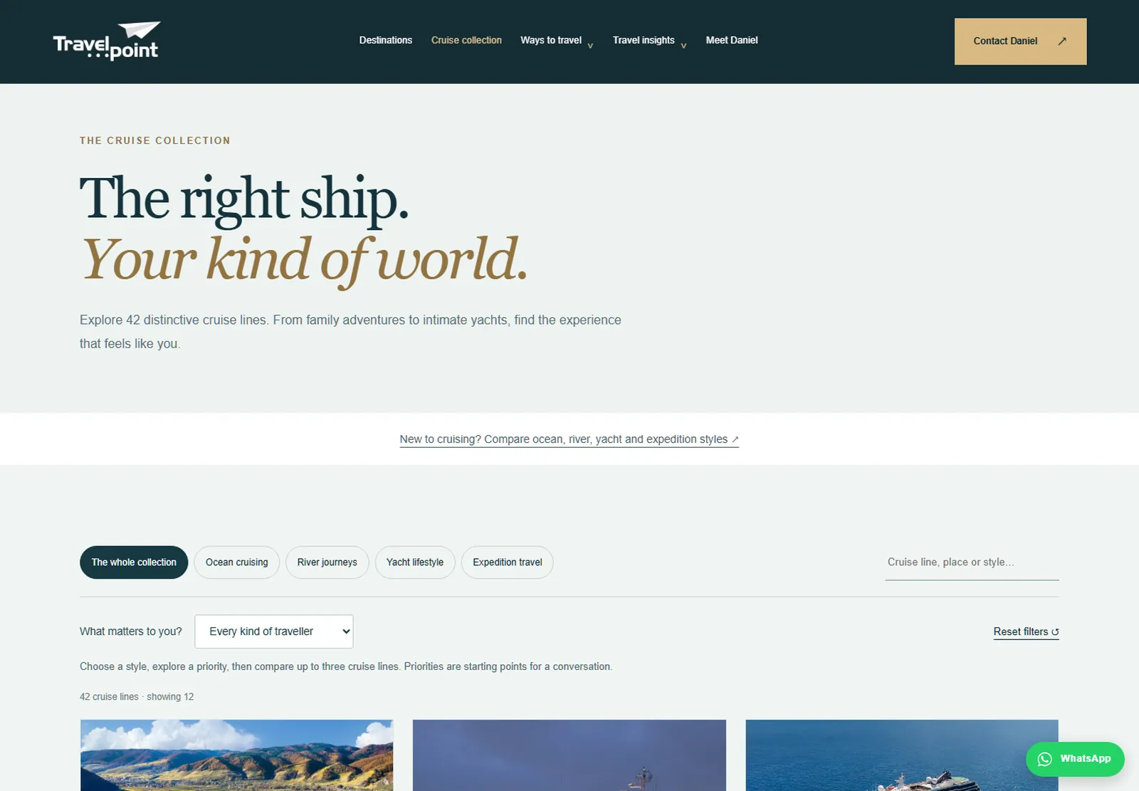 The cruise collection page on mytravelpoint.ca, listing cruise lines with filters and comparison